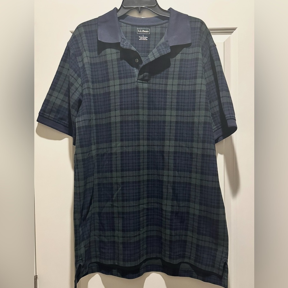 L.L Bean Men's Blue and Green Plaid polo Shirt‎ size Large
